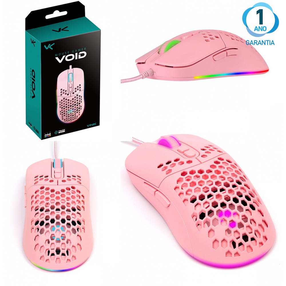 Mouse Gamer Rosa Usb 7600 DPI Óptico 7 Botões Ambidestro Garantia de 1 Ano