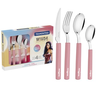 Faqueiro Tramontina Mulher-Maravilha 1984 em Aço Inox e Cabos de Polipropileno Rose 16 Peças - 29899051