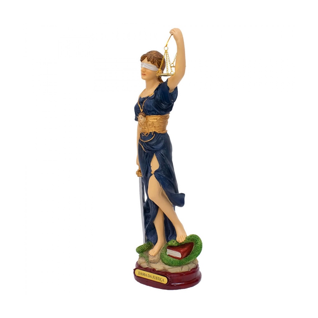 Dama da Justiça 30cm estatueta deusa Thêmis média cor cor natural com roupa azul enfeite em resina