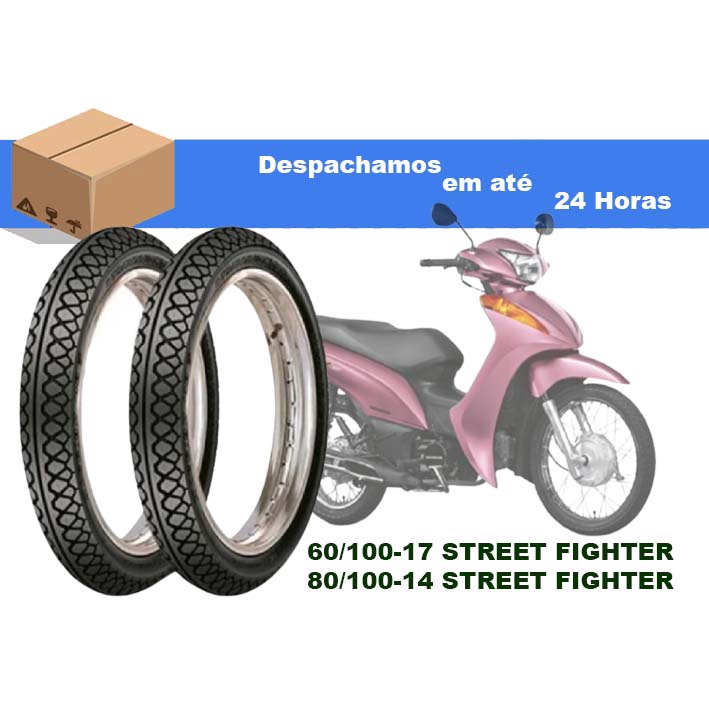 Par Pneu Pop 100 e Biz 125 - 80/100-14 E 60/100-17 Aro 14 e 17 Streetfighter Maggion