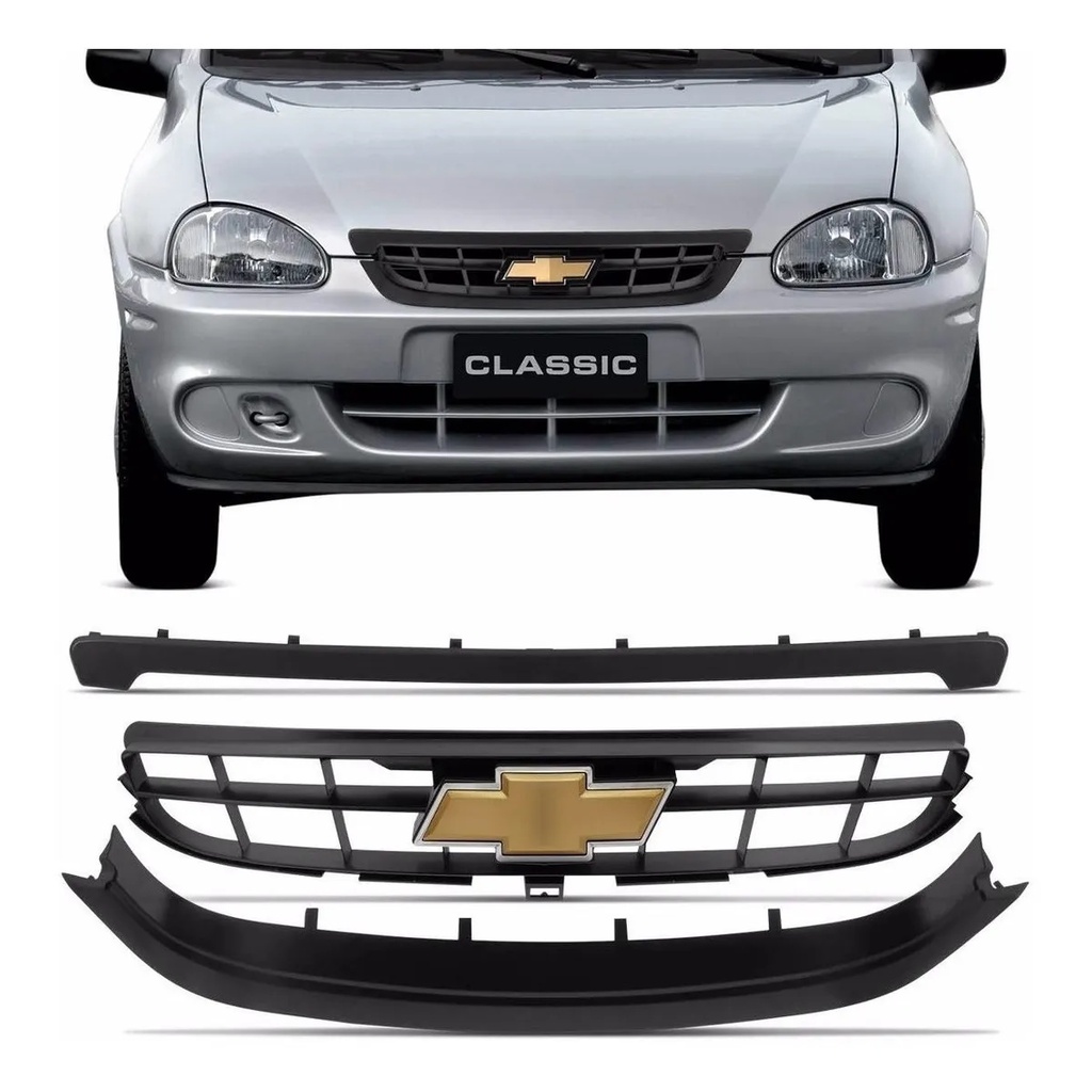Grade Radiador Corsa Classic 2000 2001 2002 2003 2004 2005 2006 2007 2008 2009 Completo com Emblema e Frisos 3 Peças