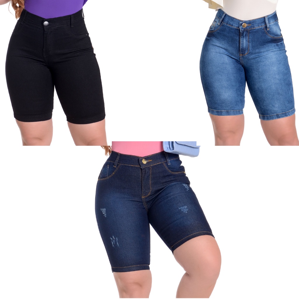 3 Bermudas Femininas Jeans Ciclista (Até o Joelho) Lycra Elastano Levanta Bumbum