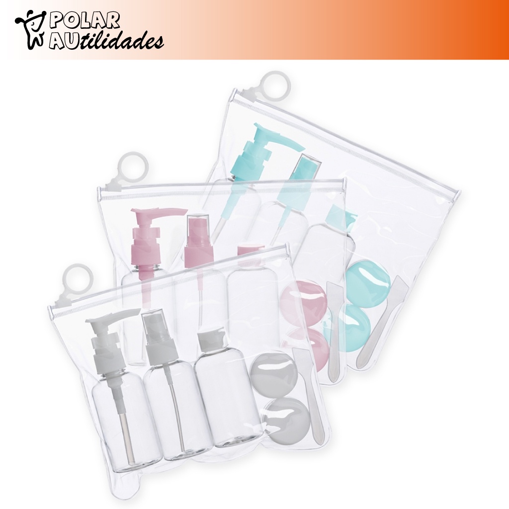 Kit Viagem Transparente Com 6 Peças: Frascos Para Alcool, Sabonete, Shampoo, Condicionador, etcs...