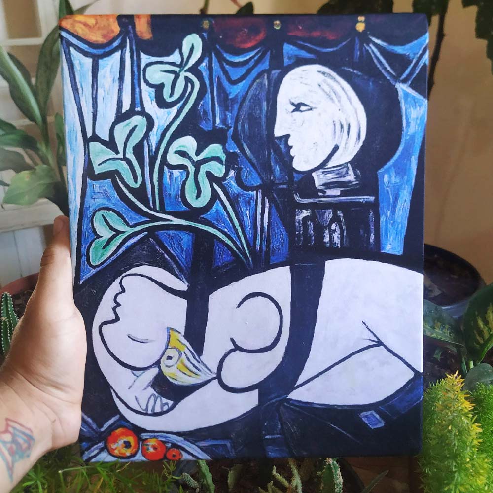 Quadro decorativo Pablo Picasso.Nu au plateau de sculpteur. Nu, folhas e busto. Obras famosas em tela acetinada.
