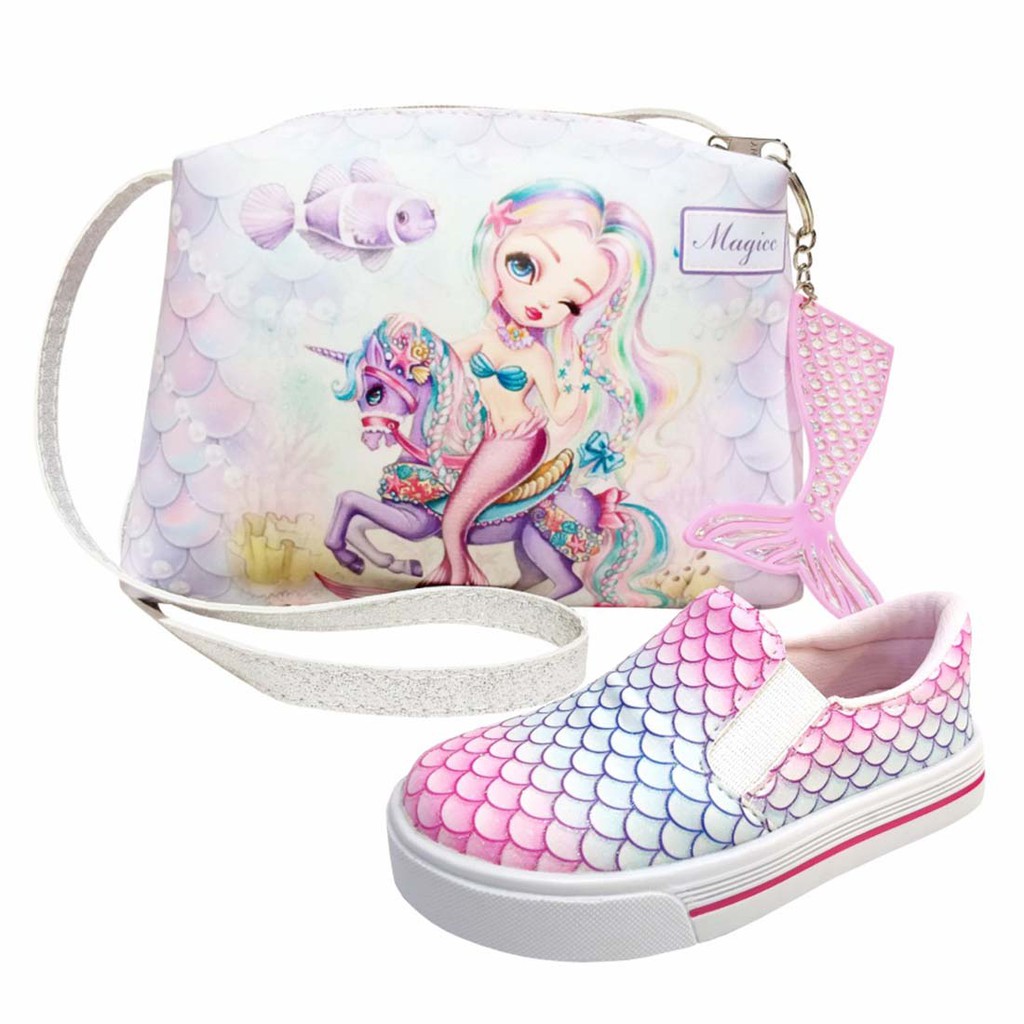 Kit Infantil Feminino Bolsa Infantil e Tênis Infantil Feminino Casual Sereia com Unicórnio , Tenis Infantil Menina  Magicc Kids (008-062)