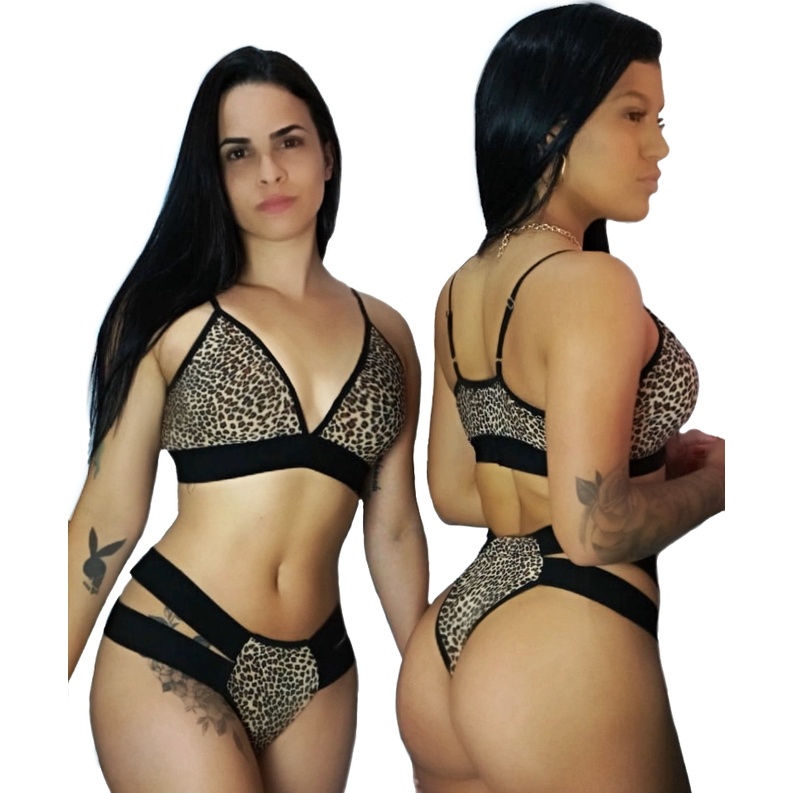 Conjunto Lingerie Sensual Strappy Animal Print Sexy Poder