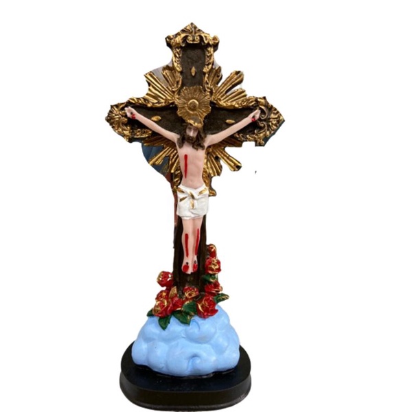 Escultura Cruz Crucifixo Jesus Cristo 20cm - Madeira Envernizada P/ Mesa.