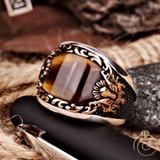❤Turquia Brown Feita À Mão Retro Marrom Tigre Pedra Preciosa Esterlina Prata Padrão Masculino Anel De Casamento Cute Artesanato anel masculino homens acessórios de moda coreanos anel feminino de casal vintage 925 anéis anel de prata para mulheres