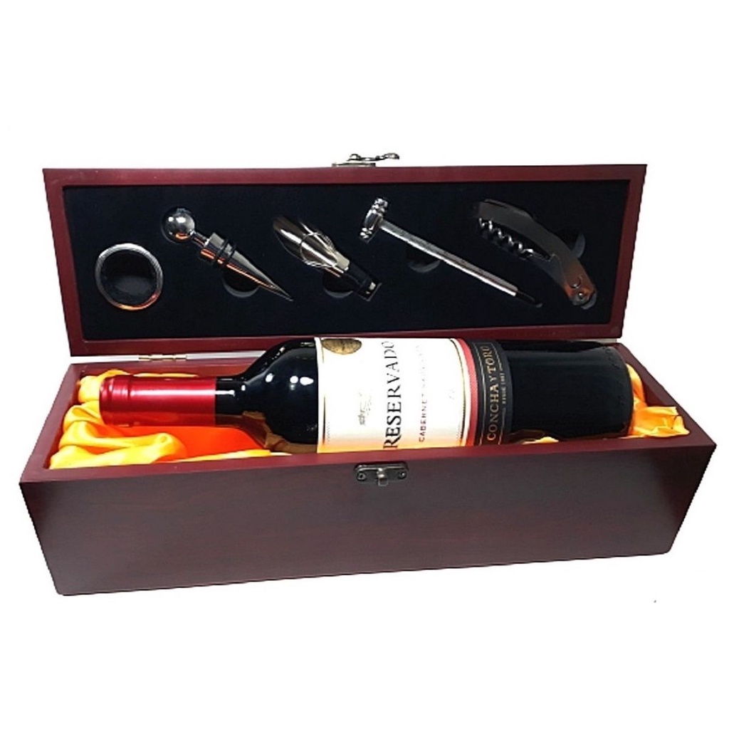 Caixa para Vinho de Madeira luxuosa com 6 Utensílios forração em Cetim Kit para Vinho Champanhe Prosecco etc Ref. 323