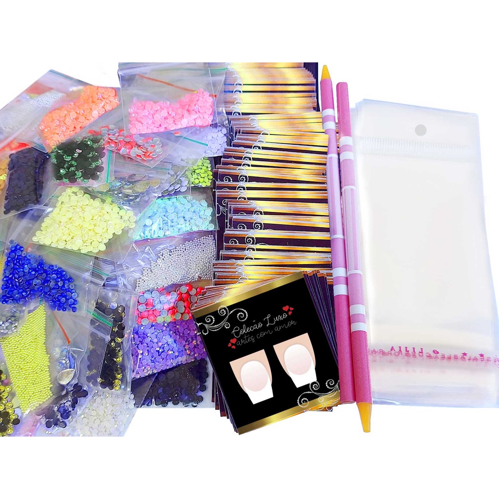 Kit Adesivos De Unhas Strass Joias De Unha Iniciante Pedrarias Cartão E Saquinhos