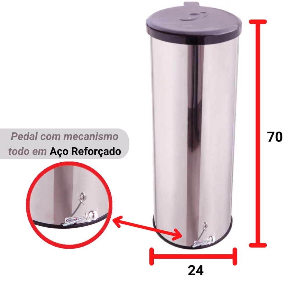 Lixeira Inox Redonda Com Pedal Esfera E Tampa Plástica 30 Litros - Cozinha Banheiro Escritório