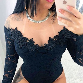 Body Renda Tule Bordado Guipier Manga Longa Blusa Feminina Feminino