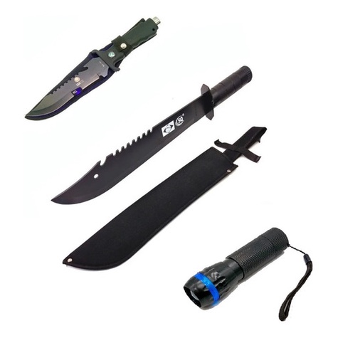 Kit Militar Facão Rambo + Faca Esportiva + Lanterna Aluminio