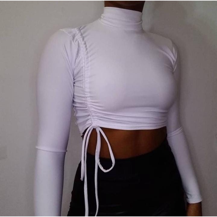 Cropped Feminino Gola Alta Manga Longa com Drapeado