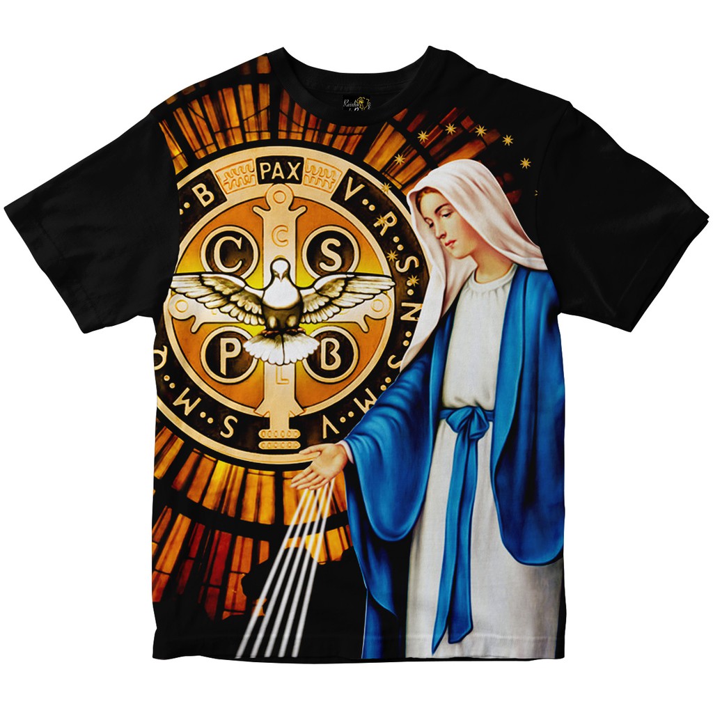 Camiseta Nossa Senhora das Graças e Medalha de São Bento Rainha do Brasil Preta