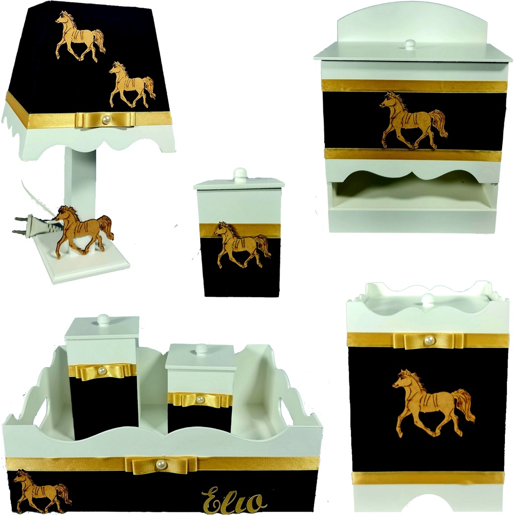 Kit Higiene decoração Bebê com nome Cavalo fazenda rodeio branco e azul marinho