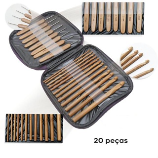 Kit Com 20 Agulhas Para Croche Cabo De Bambu + Estojo em Oferta na Shopee