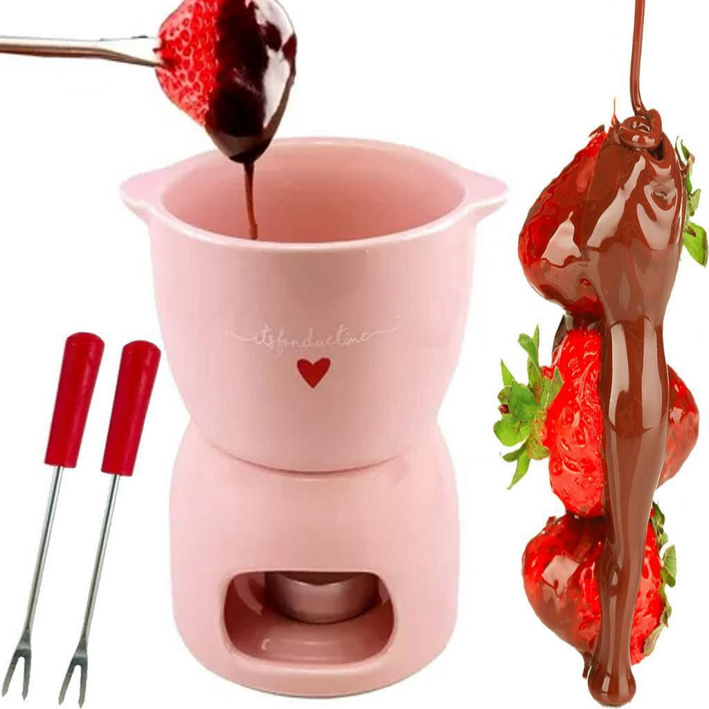 Kit Aparelho De Fondue em Cerâmica Conjunto 5 Peças Linha Lamour Rosa Da Hauskraft Antiaderente Chocolate Inverno Namorados