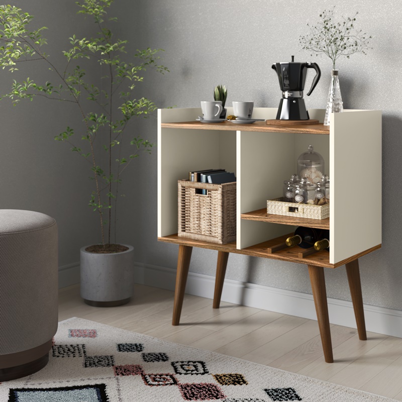 Aparador Buffet Sala Adega Cantinho do Café Com Prateleira Pés Retrô em madeira Off white