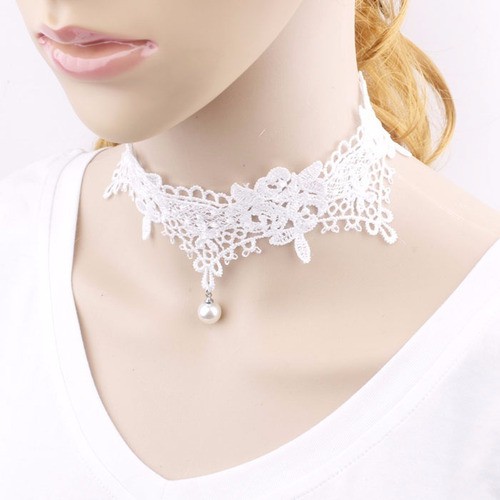 Gargantilha Choker Colar  Branco Coleira Renda Guipir com pérola