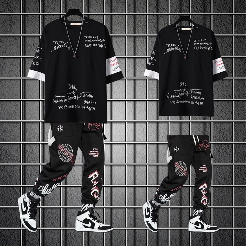 Conjunto Masculino Camiseta Manga Curta E Calça Cargo Hip Hop Graffiti Estilo