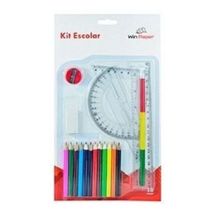 Kit  Material Escolar Com Lapis De Cor - Apontador - Regua - Borracha
