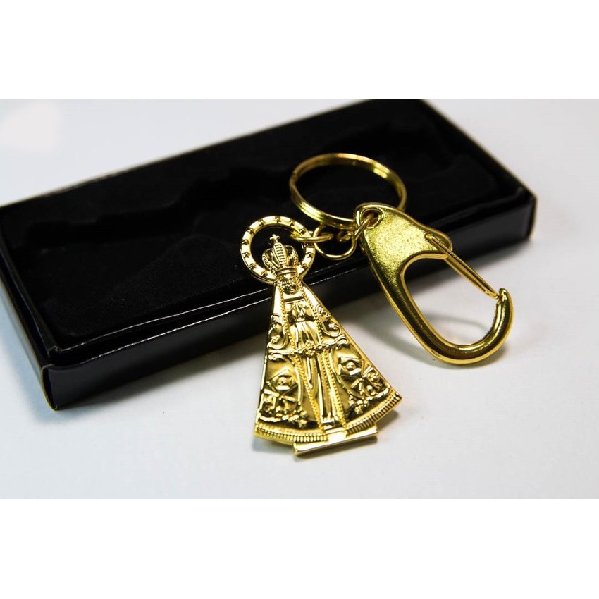 Chaveiro Religioso Imagem Nossa Senhora Aparecida Dourado Mosquetão
