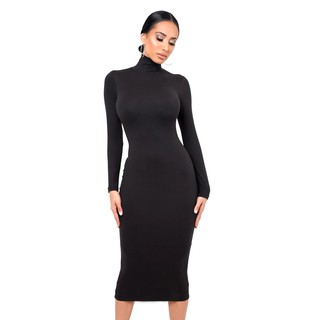 Vestido Feminino Tubinho Roupas Gola Alta Manga Longa Preto Midi
