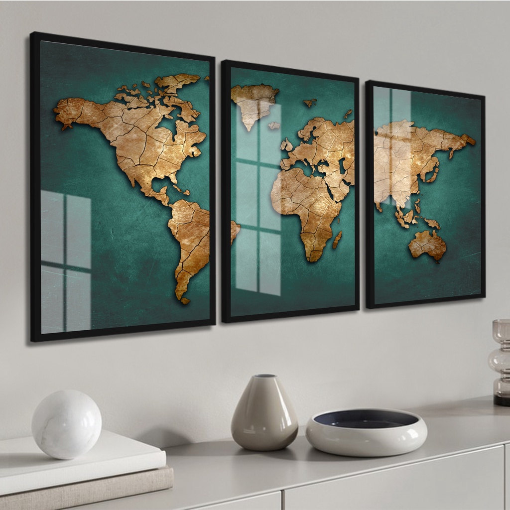 Quadros Decorativos Mapa Mundi Moderno Para Quarto Sala Casa Escritório Hall Com Moldura e Vidro