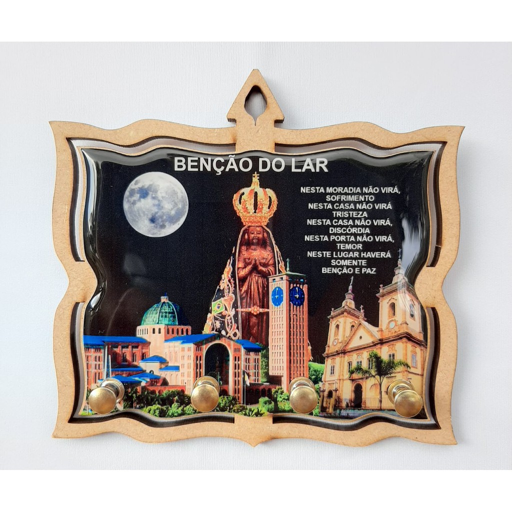 Porta Chave Resinado Parede Nossa Senhora Aparecida Benção do Lar Noite Basilica em Madeira Mdf Casa Lar Decoração