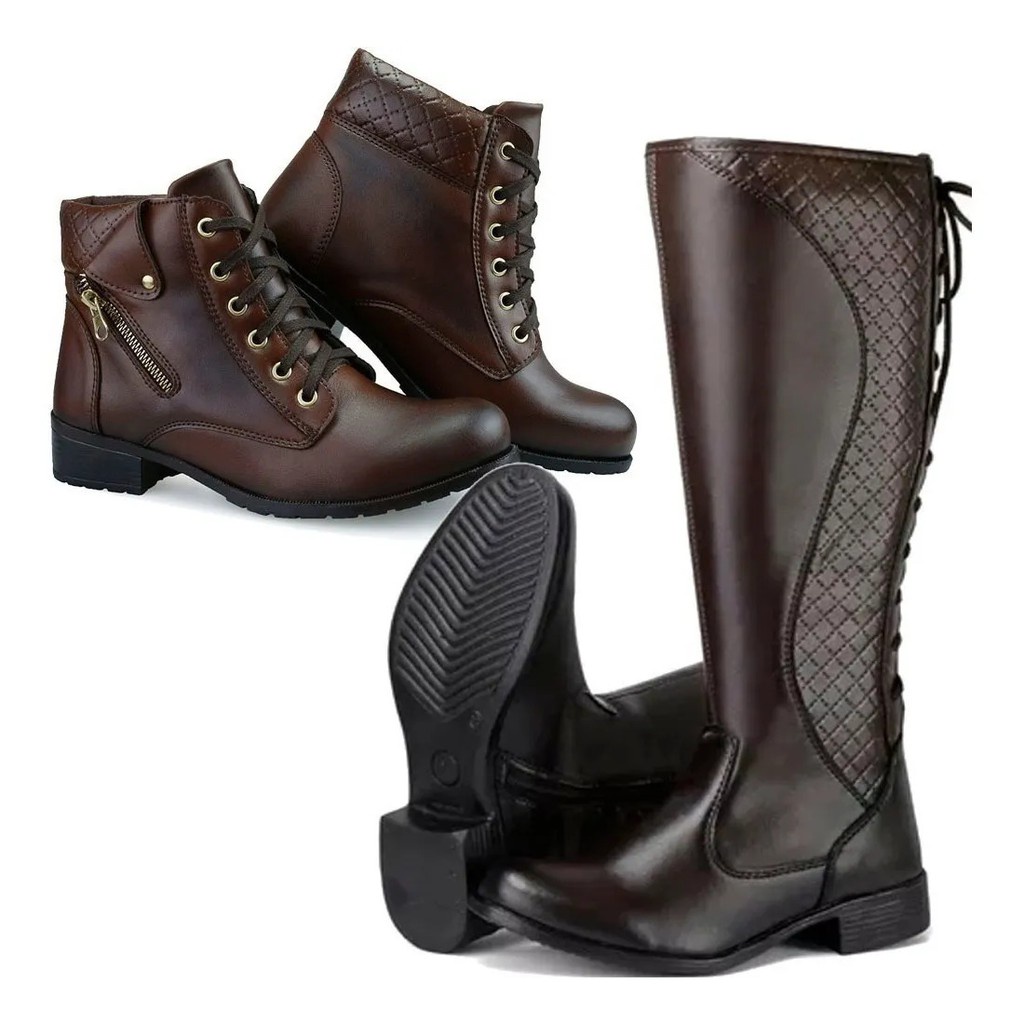 Kit 2 Pares Bota Coturno Feminino Cano Baixo e Cano Alto Confortável