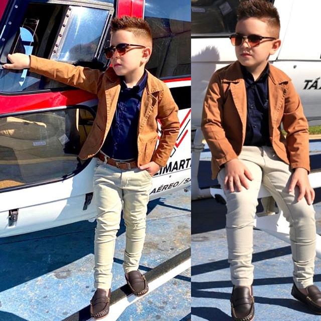 Roupa Menino Infantil Blazer Sarja Caramelo e Calça Color Bege