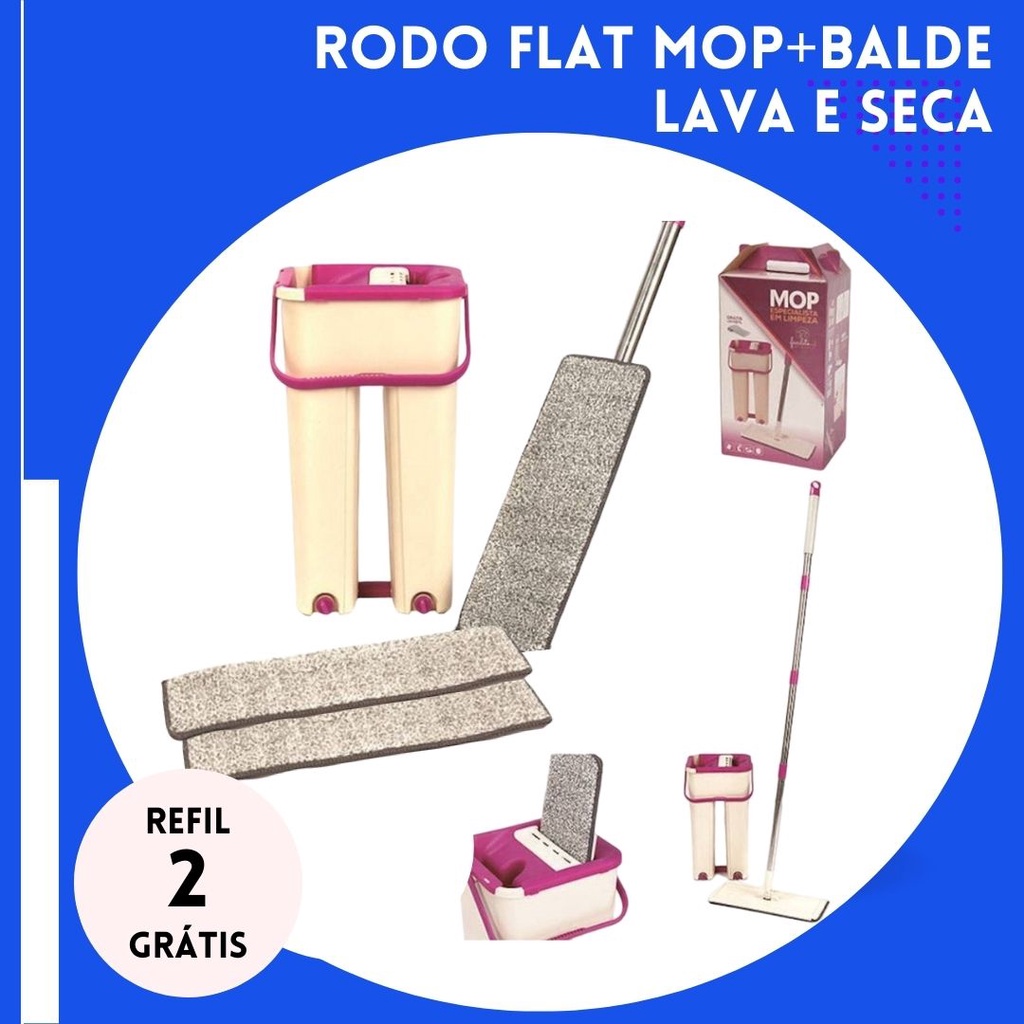 Rodo Flat Mop E Balde Lava E Seca Profissional Com 2 Refil