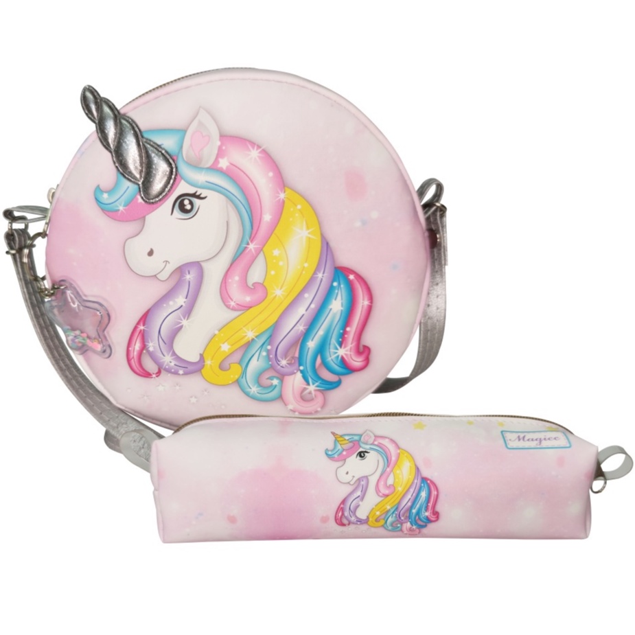 Kit Infantil Bolsa Infantil e Estojo Escolar Unicórnio Chifre 3D Bolsinha Infantil Magicc KI-216