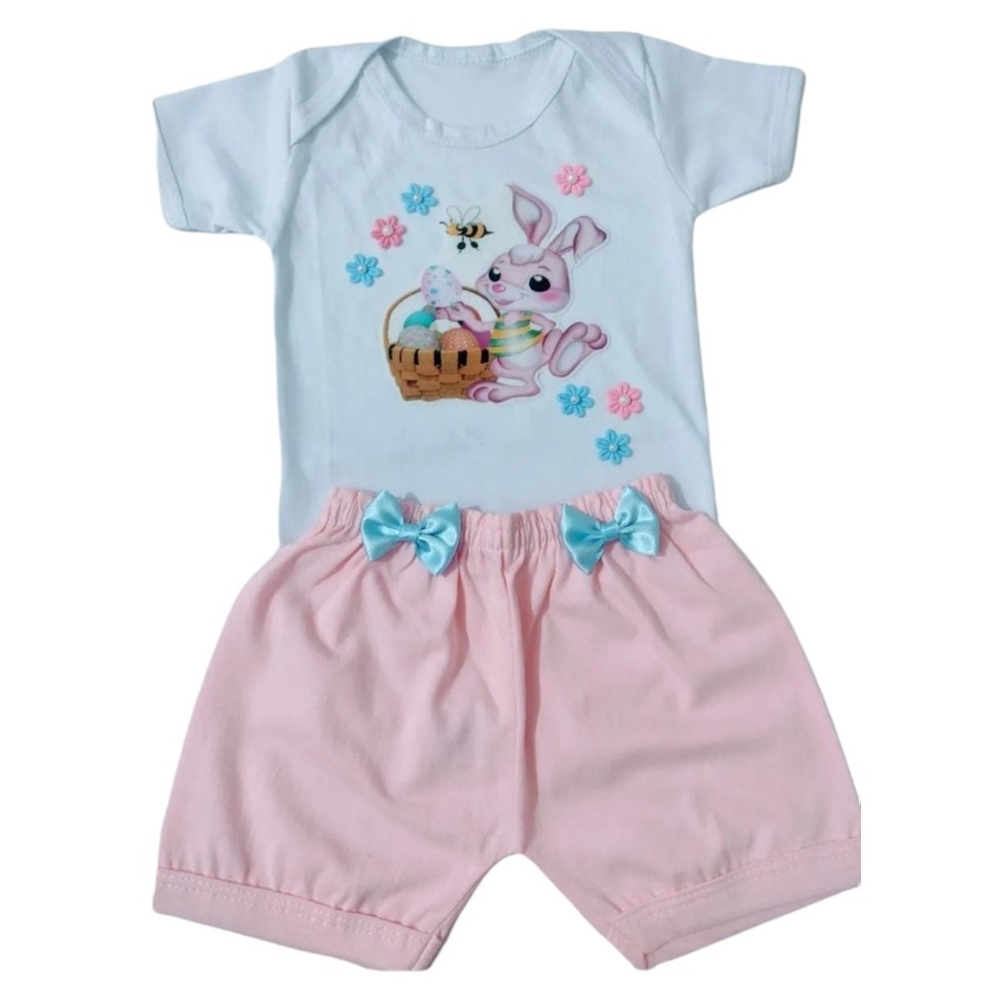 Conjunto Roupa Bebê Menina Páscoa Body Mesversário Coelhinho + Shorts