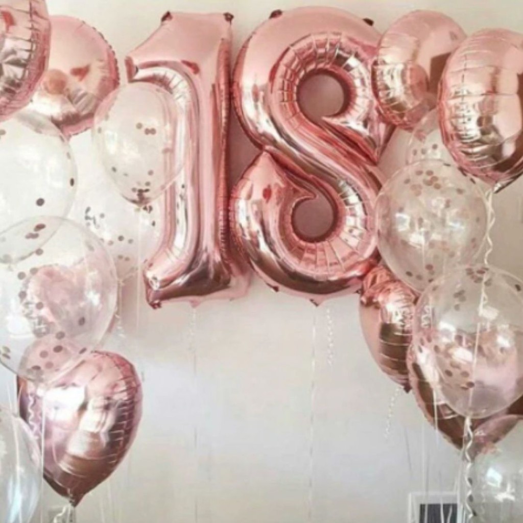 Kit Balões Rose Gold Números Corações Balões com Confetes Festa de Aniversário Balão