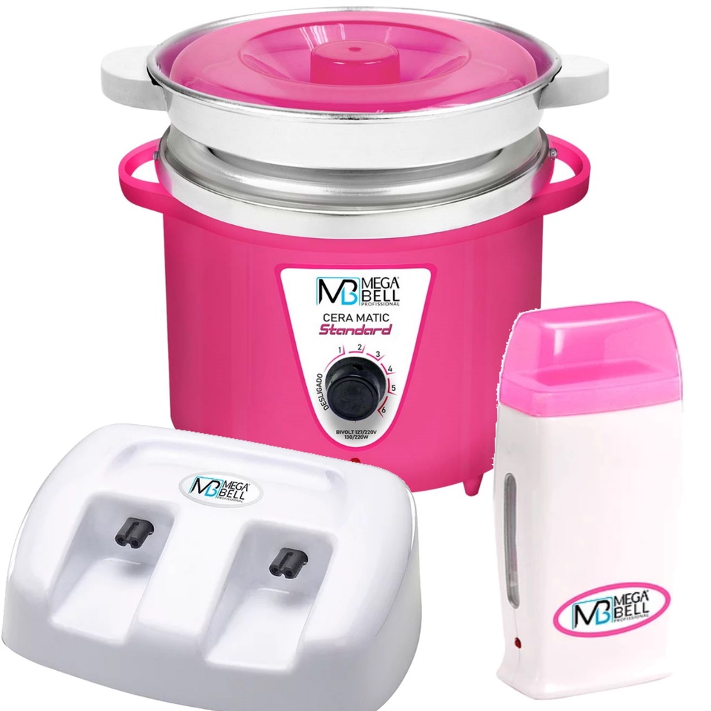 Termocera Panela Depilação Toda Rosa 900g c/ Refil + Base Dupla c/ 1 Rollon Branco c/ Rosa Mega Bell
