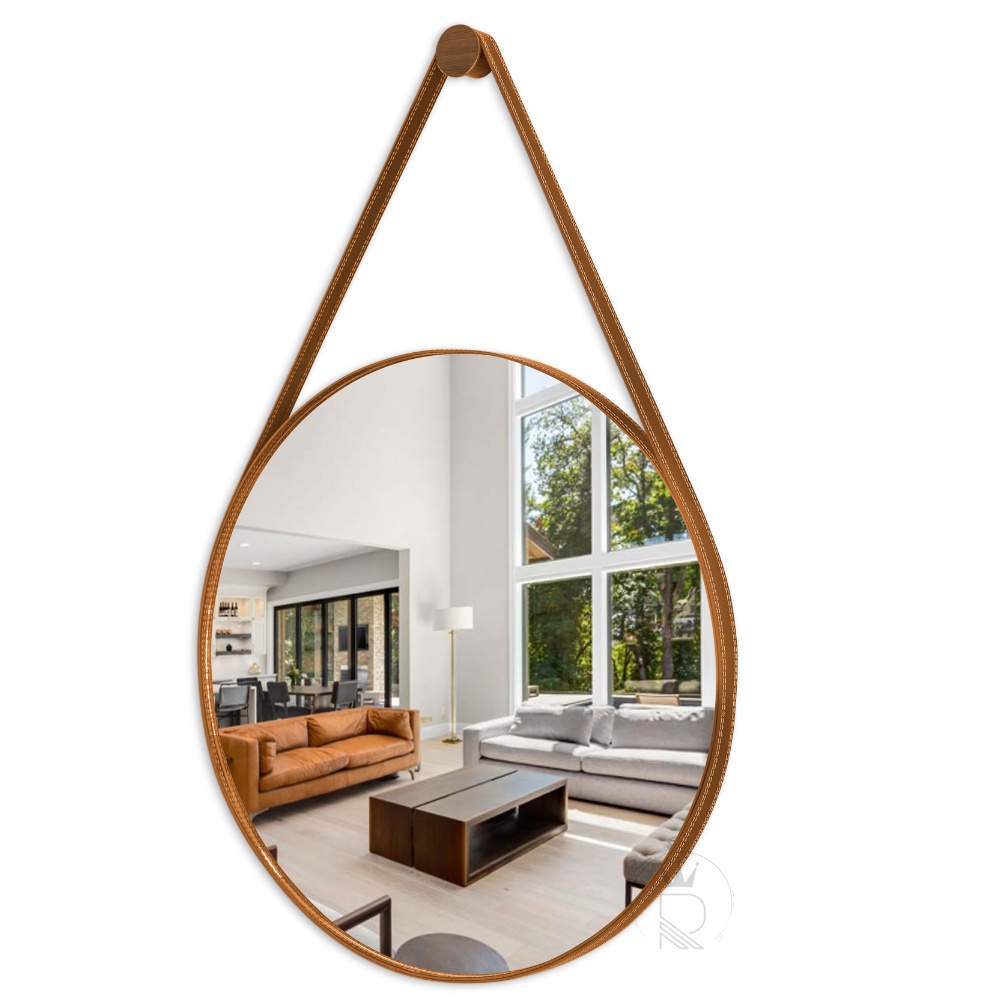 Espelho Decorativo Escritório Alça Em Couro 60cm + Suporte