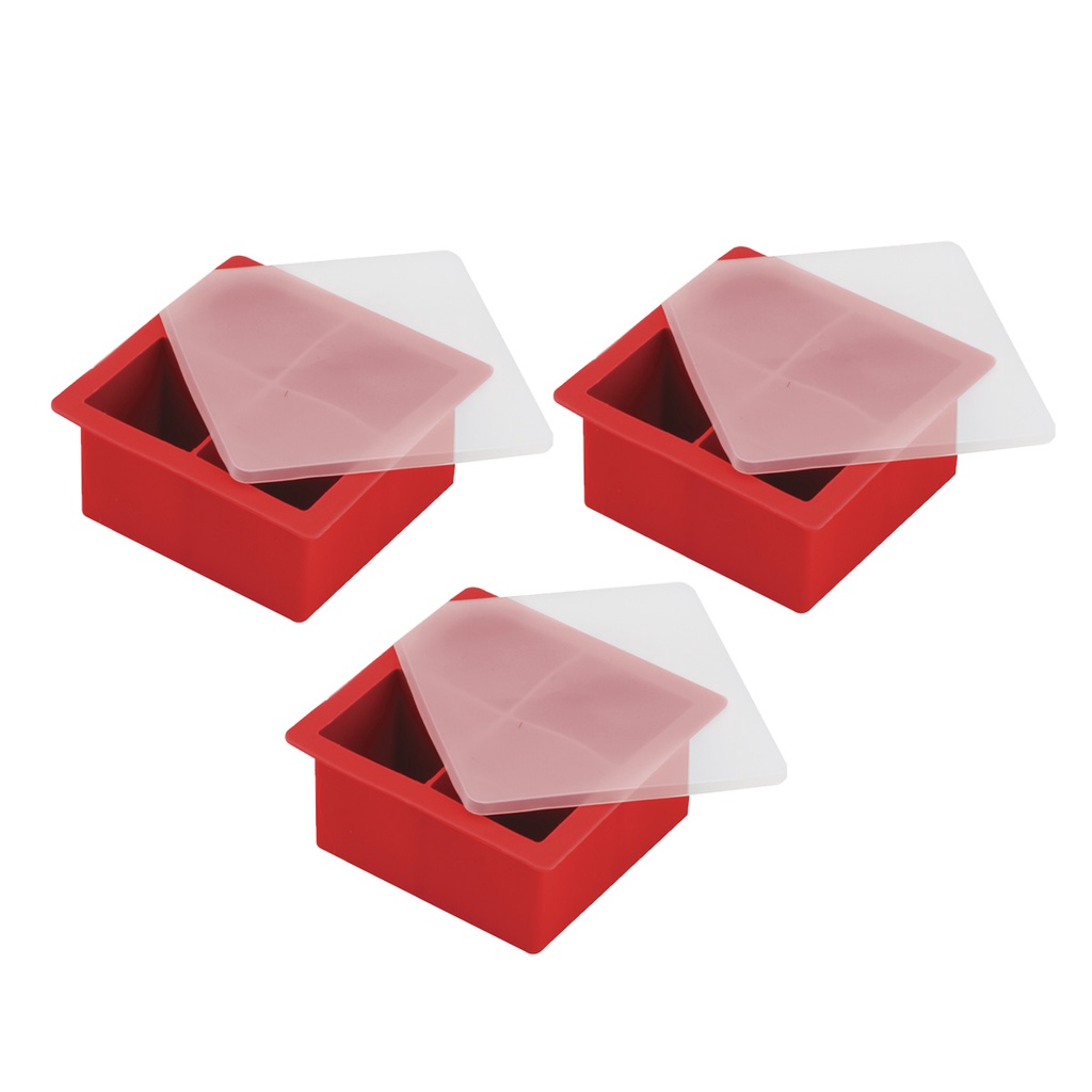 Kit 3 Formas De Silicone Gelo Com Tampa Papinha Quadrada 4 Cubos Grandes Sem Bpa Forminhas Para Gelo Verm