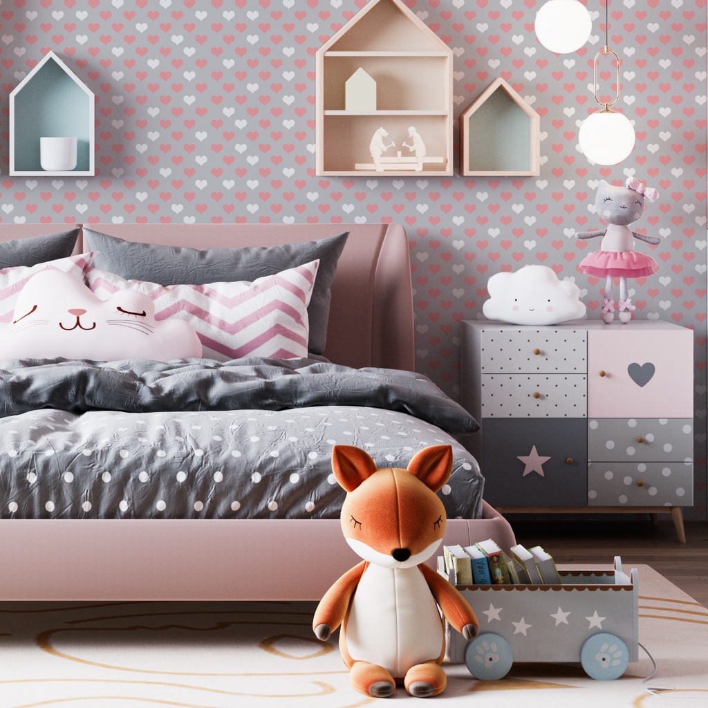 Papel De Parede Adesivo Corações Rosa e Branco Fundo Cinza Adesivo Lavável Quarto de Menina - Pro Decor