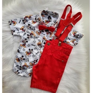 CONJUNTO TEMÁTICO MICKEY NOVO CONTENDO - CAMISA SHORT SUSPENSÓRIO + GRAVATA