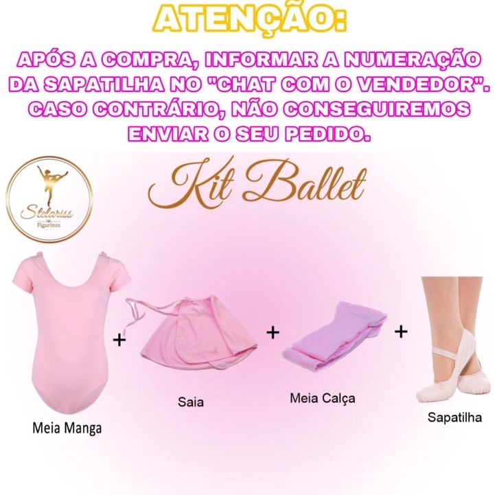 Kit Ballet Balé Infantil Uniforme/ Collant Meia Manga + Saia + Meia + Sapatilha