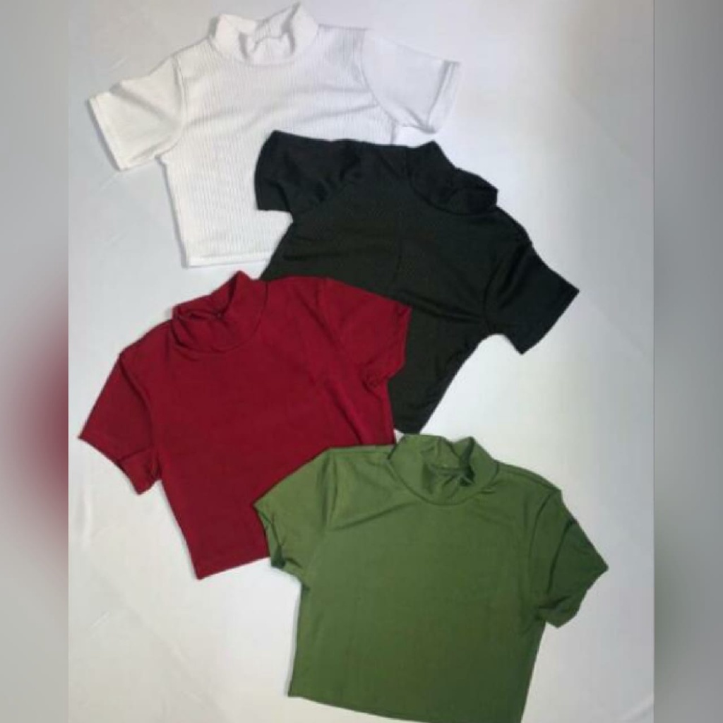 Blusa cropped feminino malha canelada com elastano gola alta manga curta
