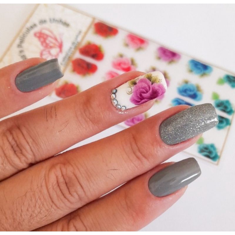 20 películas de unhas adesivos manicure e pedicure flores rosas