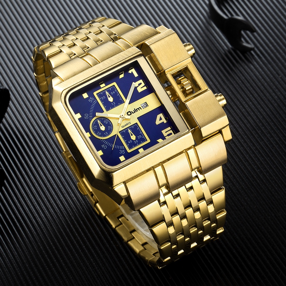 Relógio De Quartzo Masculino Oulm Dourado Com Mostrador Grande E Calendário Pulseira De Aço