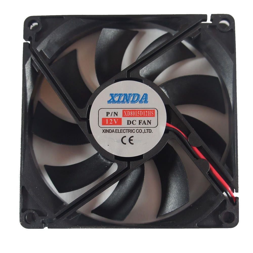 Cooler para Gabinete 80x80x15mm. Perfil fino; Mancal: Sleeve Bearing; Alimentação: Tensão 12Vdc; Consumo 1,5W; Corrente 0.13A; Velocidade: 2000 RPM; Fluxo de Ar: 30.0CFM; Ruído 25dB(A); Fiação: 2 vias preto e vermelho