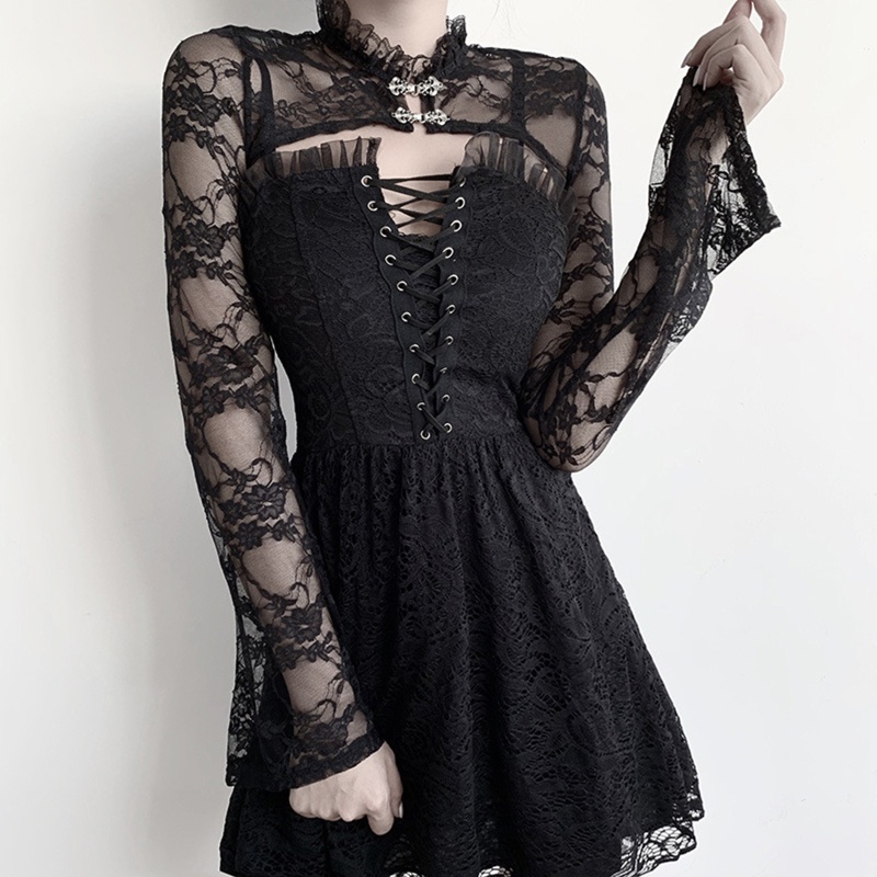 Macacão Feminino Vintage Flare Manga Comprida Slim Bolero Babados Gola Floral Renda Encolher De Ombros Transparente Card