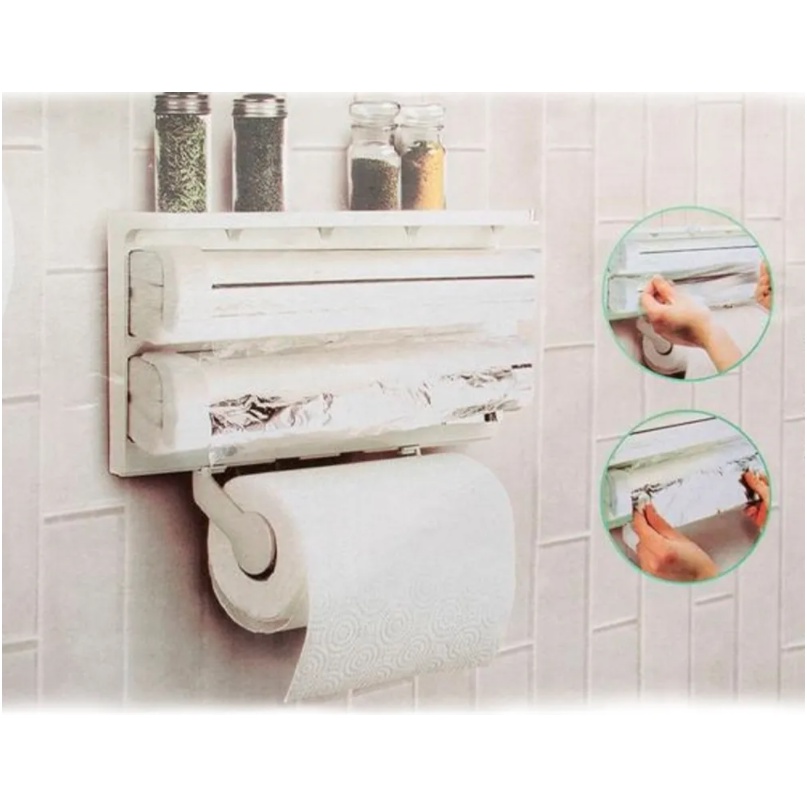 Organizador De Cozinha Plástico 3 Em1 Suporte Porta Rolo Toalha Aluminio Filme Papel Cozinha