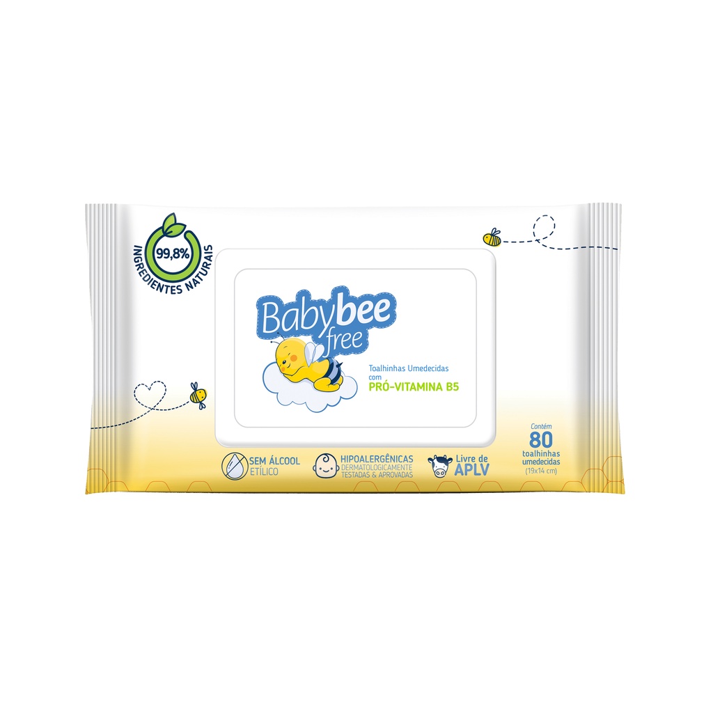 Lenço Toalhas Umidecidas Com Pró-Vitamina B5 Infantil Bebê de Origem Natural com 80 unidades - Baby Bee Free