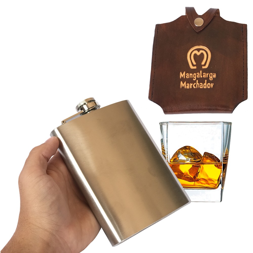 Cantil Inox 210ml + Capa Porta Cantil De Couro Mangalarga Marchador Cantil Country Porta Bebida